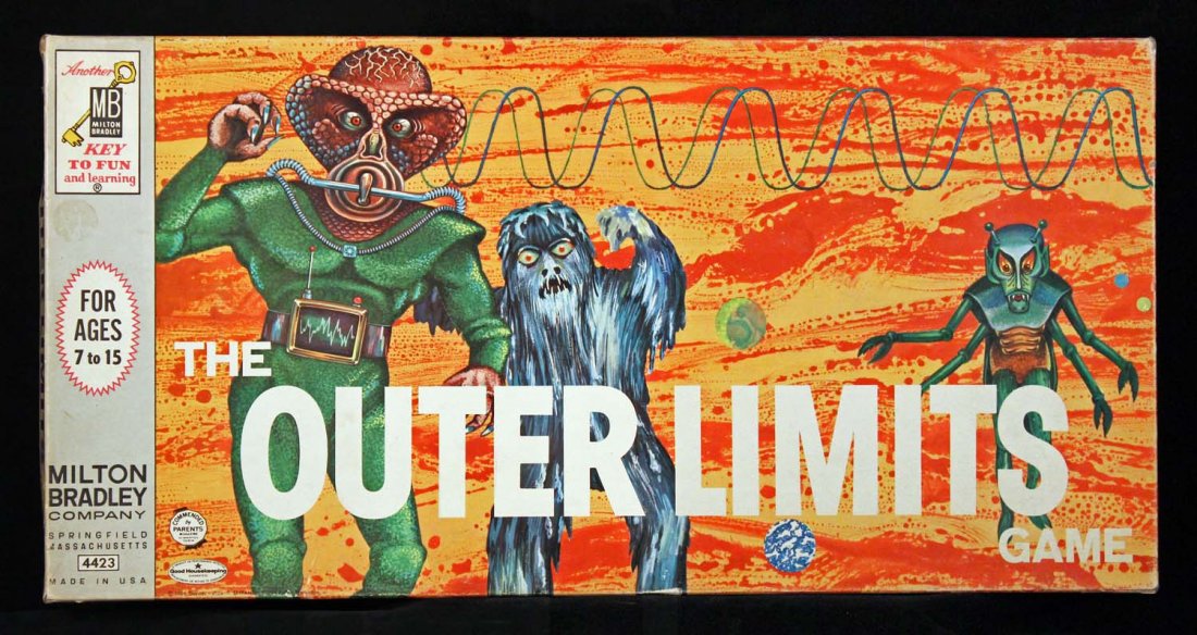 Milton Bradley The Outer Limits Game.: Circa 1964. Box is complete and is colorful. Four corners are clear taped. Scarce sci-fi tv show game. Condition (C8 Excellent - C9 Near Mint). Size 19" x 9 - 1/2".