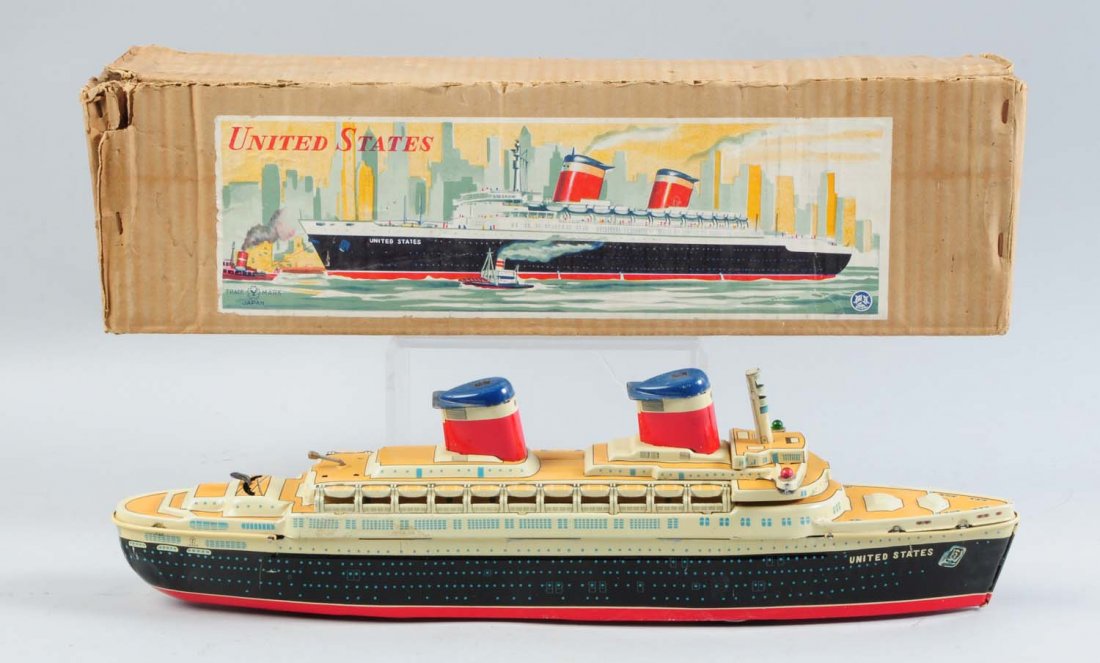 Japanese Tin Litho US Ocean Liner.: Circa 1950s, battery-operated. Marked "United States" on both sides of front. Includes original box with colorful paper label. Made by Yonesowa. Some minor tearing and creasing to box. Toy itself has 