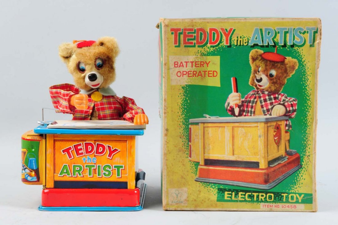 Japanese Battery-Operated Teddy the Artist Toy.: Includes original box. Nice color graphics. Made by Yonesowa. Box does have some creasing and some staining. Toy is bright and clean but has been used. Has three crowns marked "Teddy the Artist" and l