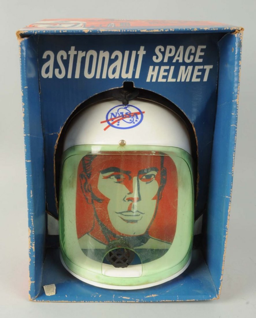 Ideal Plastic Space Helmet.: The helmet includes it's original box with the original price tag for $3.79. The helmet is marked NASA on the top, is 'one size fits all', and has a retractable visor. There is slight creasing and mod