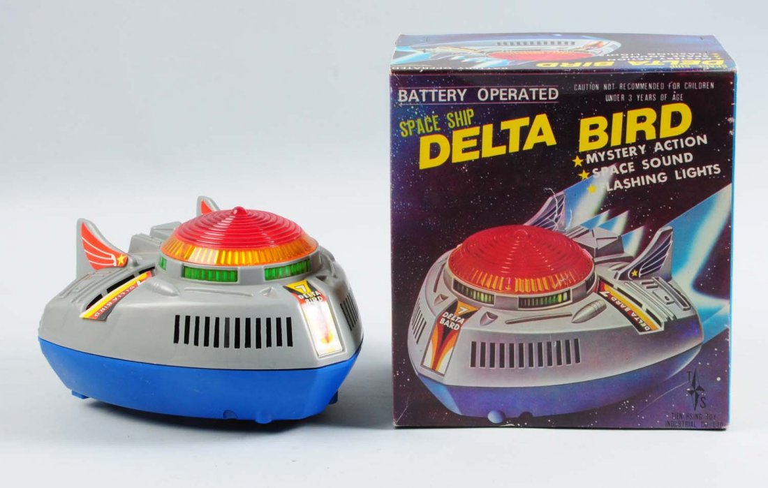 Battery Operated Delta Bird Space Ship.: Includes original box with insert. Plastic. Marked "Made in Taiwan". Unused. Has nice decals on top of ship which read "Delta Bird No. 7". Condition (Near Mint). Size 8 - 1/2" L.