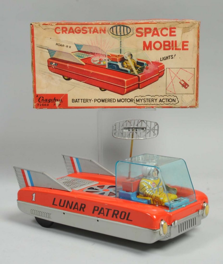 Japanese Tin Litho Lunar Space Patrol.: Battery-operated. The toy includes its original box, which is marked "Cragstan Space Mobile". The box is complete, but does have some staining, tearing, and repairs on the lid. The toy itself has a ni