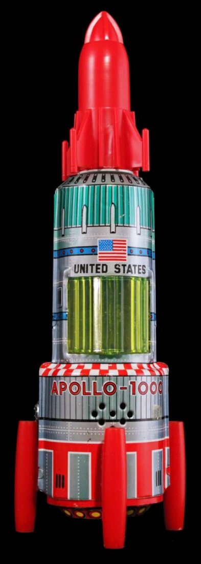 Japanese United States Apollo-1000 Rocket.: Circa 1960s, S.H. Horikawa, Japan. Tin and plastic friction-powered space ship with spinning tip and sparking action. Tip does not spin, but sparks well. Condition (C9 Near Mint). Size 11 - 1/2" L.