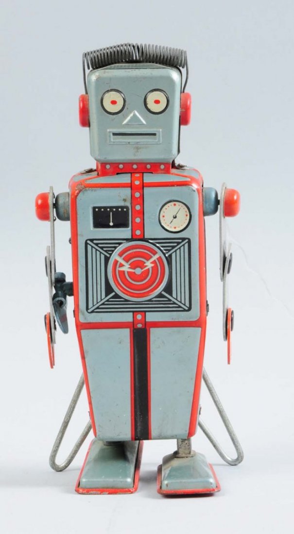 Tin Robot.: Japanese tin litho wind-up easel back toy robot. Marked "Linemar Japan" on back of robot. Has original back easel stand. Original arms and hands. Some minor edge wear. Original antenna on top of head.