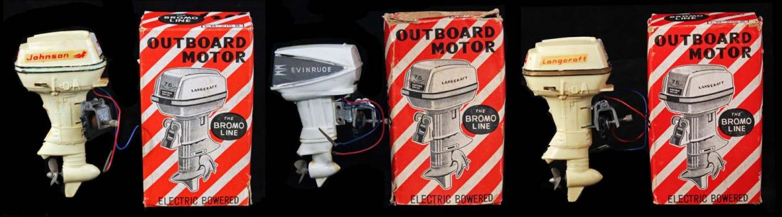 Assorted Electric Powered Outboard Motors.: CIrca 1950s. The Bromo Line, Japan. Three different battery operated plastic motors, all in identical generic boxes: Evinrude, Johnson and Langcraft. Plastic has yellowed on two of the three, and glue