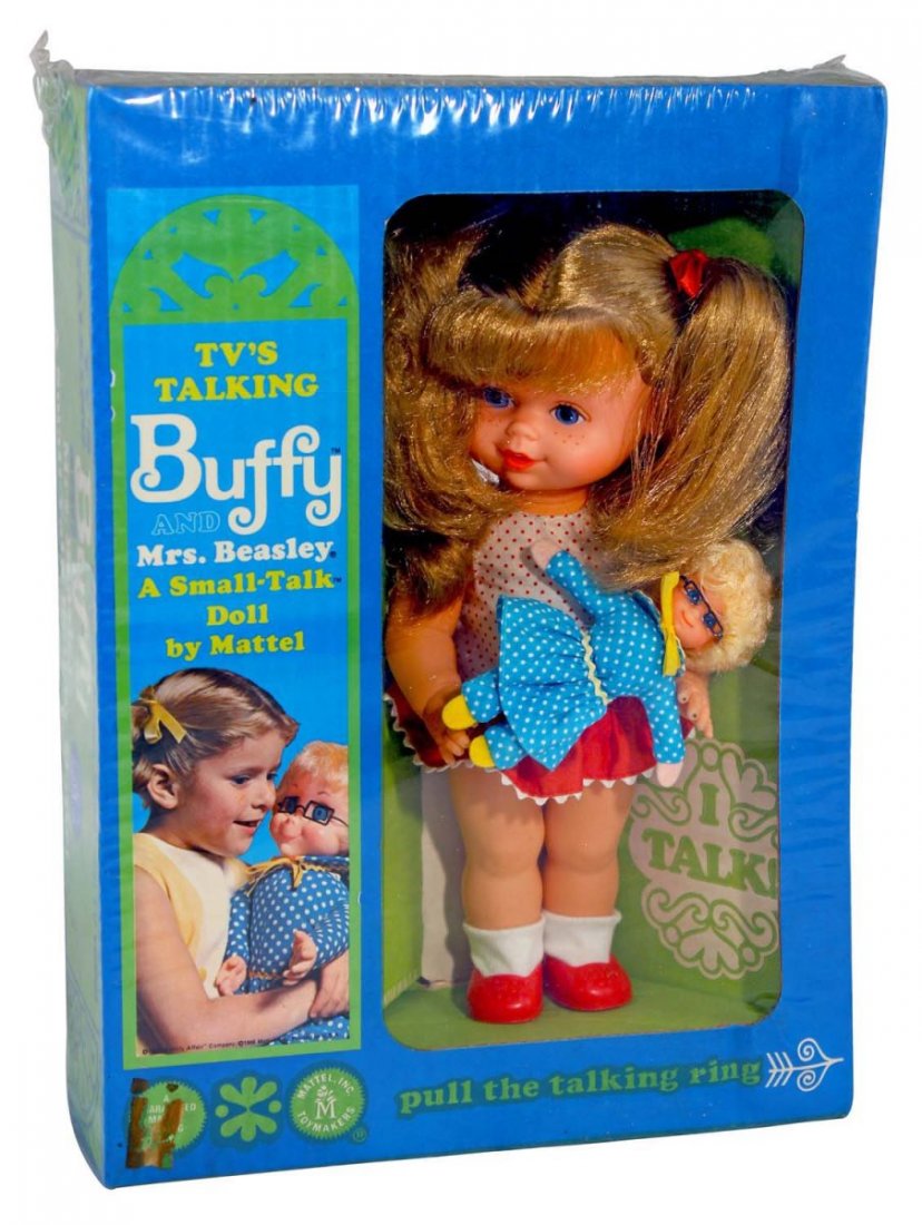 TV’s Talking Buffy and Mrs. Beasley Dolls.: Circa 1967. "A Small Talking Doll by Mattel:. Factory sealed store stock, with perfect cellophane. Still speaks clearly. None better. Condition (C9 Near Mint). Size Box: 10" x 13 - 1/2".