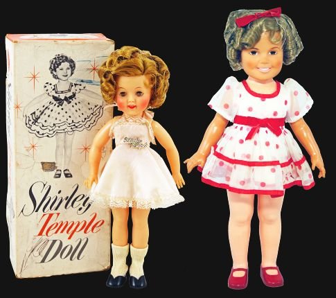 Shirley Temple Doll Lot.: Both made by Ideal Toys: “Shirley Temple- Stand Up and Cheer”, circa 1972, Hong Kong. Vinyl with red polka dot dress; dress shows some wear; but still wearing the original hair net, the second dol