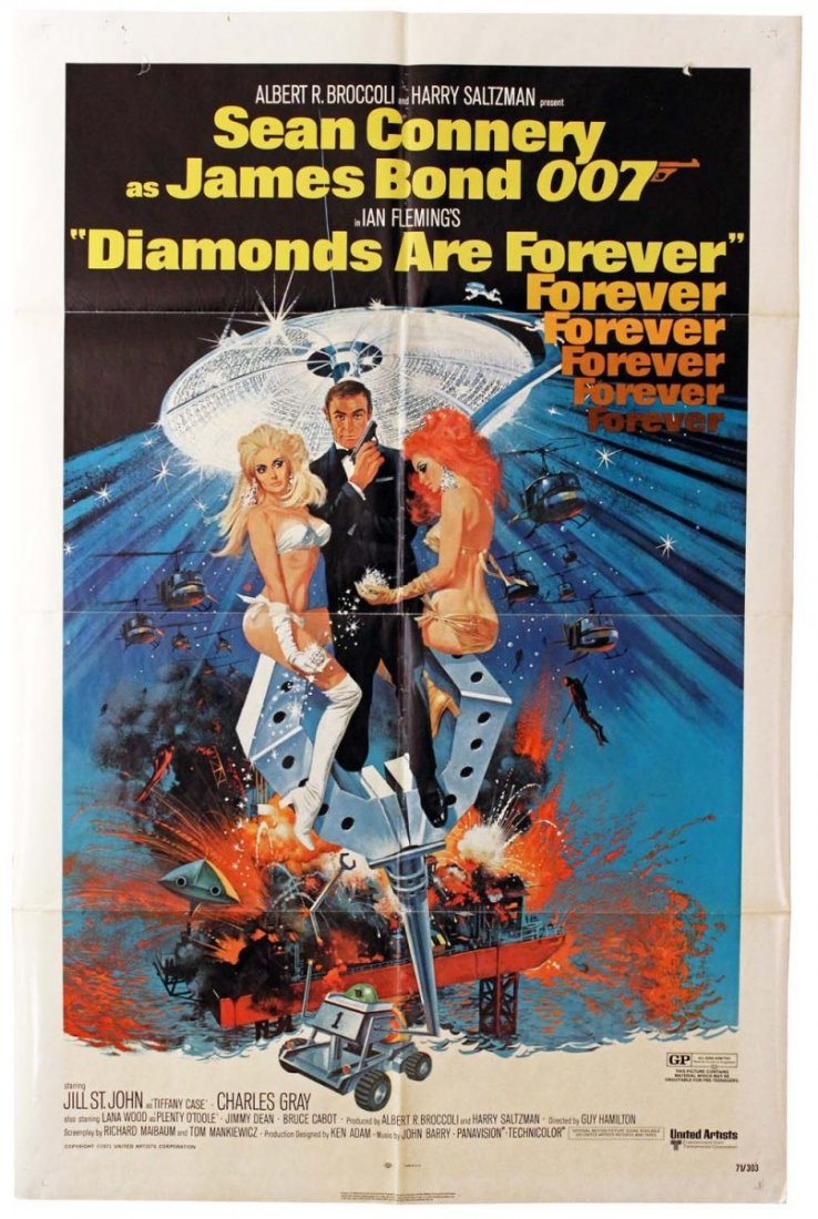 Sean Connery as James Bond 007 Movie Poster.: Circa 1971. Ian Fleming's Diamonds Are Forever. Shows significant creases. Three have small splits in center, but nothing is missing. Condition (C6.5 Good Plus). Size 27" x 41".