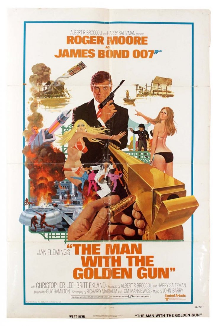 Roger Moore as James Bond 007 Movie Poster.: Circa 1974. Ian Fleming's The Man With The Golden Gun. Shows significant creases. One split across his head, plus three small scattered holes. Condition (C6 Good). Size 27" x 41".
