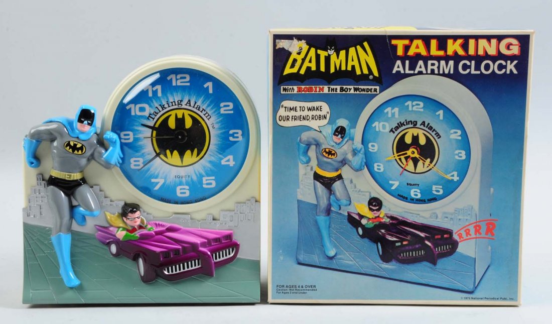 Batman Talking Alarm Clock.: In original box. Box marked "1975 National Periodical Publications Inc." Unused. Old store stock. Marked "Hong Kong" on back of clock. Includes original instruction sheet. Condition (Near Mint). Size 