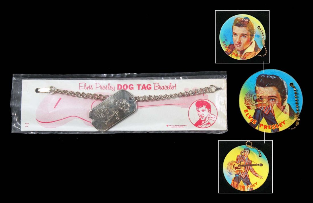 Elvis Presley Lot.: Elvis Presley Dog Tag Bracelet on card, circa 1956; Elvis Presley Flicker Key Chain, circa 1950s; lenticular shows a close up in one view and him singing with a guitar in other; Elvis Playing Cards, c