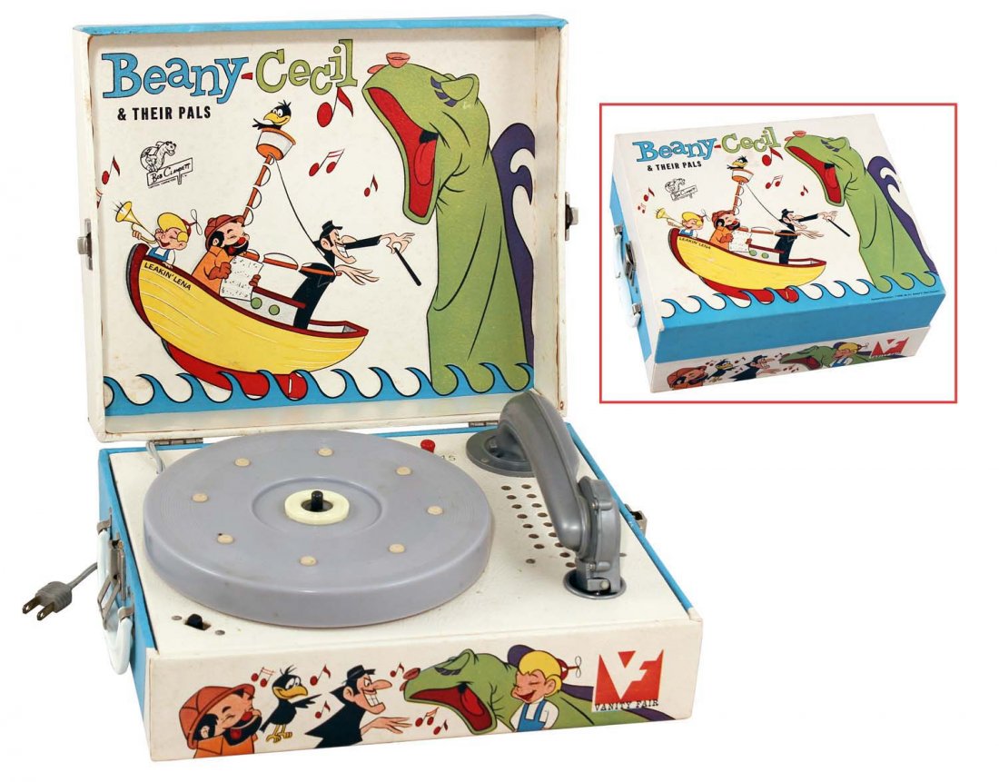 Beany, Cecil & Their Pals Portable Record Player.: Circa 1961, Vanity Fair, colorful graphic everywhere; a couple of small, faint stains, otherwise very clean. Condition (C9 Near Mint). Size 13" L.