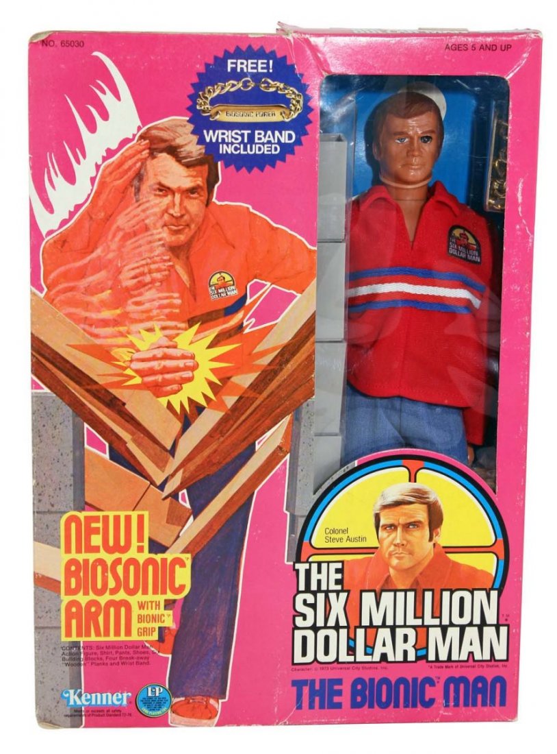 Six Million Dollar Man Action Figure.: Factory sealed box, 1975, Kenner. With “New Biosonic Arm", scarce issue contains ‘gold Biosonic Wrist Band’; mint in factory sealed box. Condition (C8 Excellent - Mint). Size 13" L.