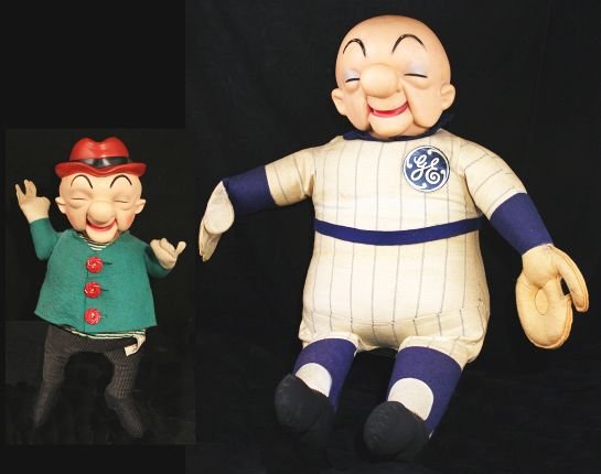 Lot of Mr. Magoo Items.: Both are stuffed fabric with painted vinyl heads: large retail display figure, circa 1967, General Electric retail advertising display doll in baseball uniform, in pinstripe uniform w/ “GE “ logo