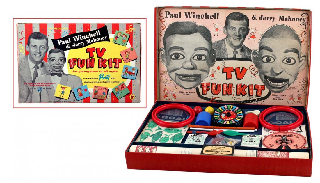 Paul Winchell & Jerry Mahoney TV Fun Kit.: In box, circa 1955, Transogram. “A ready–made party with stunts, pranks and games galore”; includes “Jerry Mahoney” and “Knuclehead Smith” paper masks, carefully punched out and fit righ
