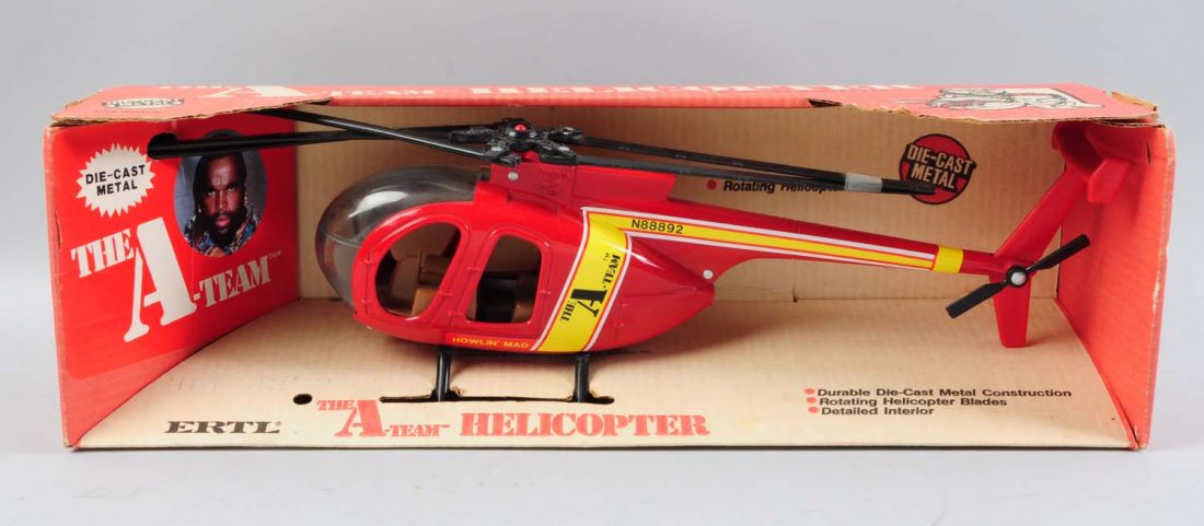 ERTL Diecast A-Team Helicopter.: Near mint, old store stock marked "1983 Stephen Cannell Productions". The box has some slight fading to top and very little wear to the helicopter. Condition (Excellent - Near Mint). Size 23" L.