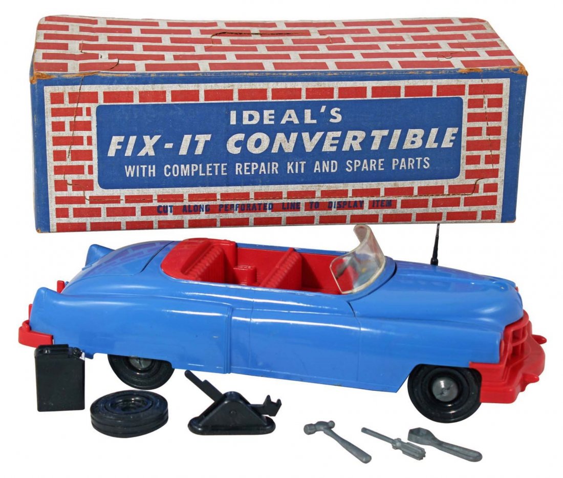 Fix–It Convertible.: In box, circa 1958, Ideal, No. 3058. Hard plastic Cadillac with complete repair kit and spare parts including jack, spare tire, gas can, and three metal tools. Complete in uncut display box. Condition