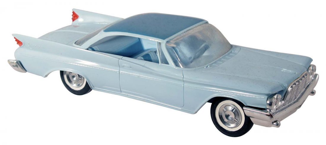 1960 DeSoto Adventurer 2 Door Sedan.: Circa 1960, JoHan. Light blue with silver-blue roof, friction drive; window scuffs and fogging, otherwise very clean. Condition (C8.5 Excellent Plus).
