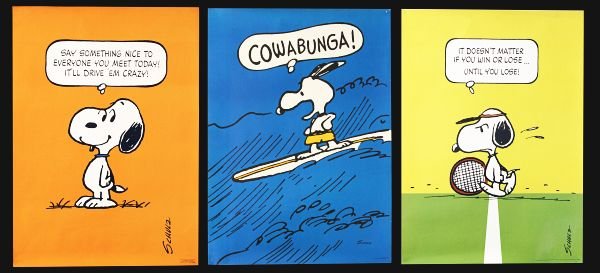 Lot of 3: Snoopy Fan Posters.: Circa 1960s, store items with strong color, all have corner pinholes and minor corner and edge issues. Condition (C8.8 Excellent Plus). Size 20" x 28".