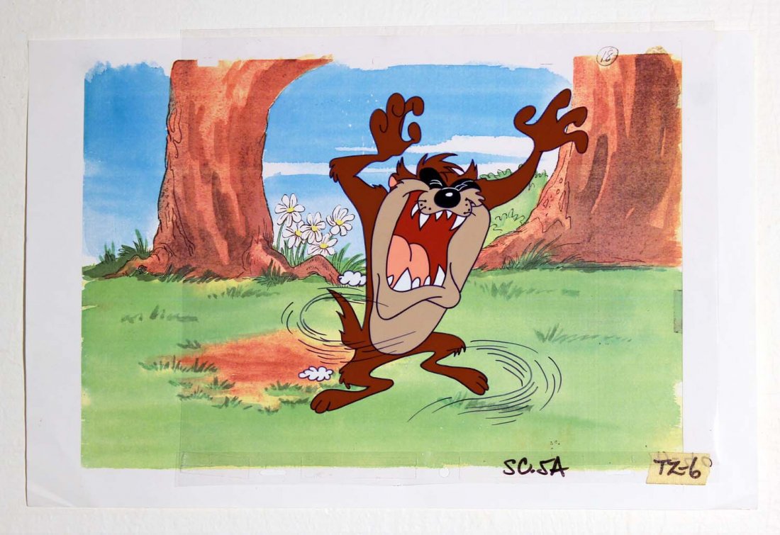 Tazmanian Devil Production Animation Cell.: Circa 1989; one cell layer plus background, has production notes in margins; on ‘juice bar’ saloon background, no certificate of authenticity. Condition (C9 Near Mint).