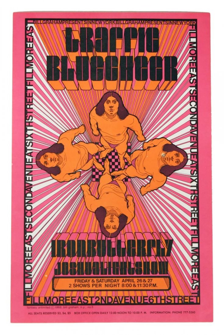 Traffic & Iron Butterfly Fillmore East Poster.: April 26 & 27, 1968, Bill Graham No. 5, first printing, flat and clean. Condition (C9 Near Mint). Size 14" x 22".