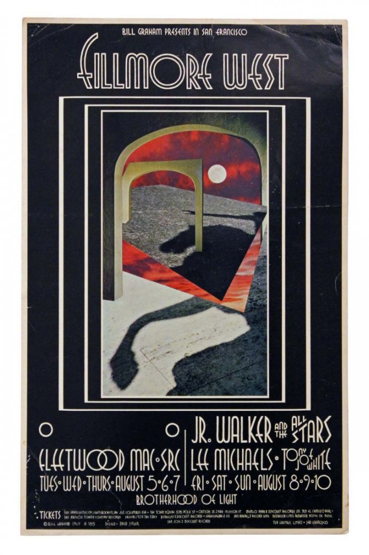 Filmore West Venue Poster.: “Fillmore West: Fleetwood Mac / Jr. Walker and The All Stars" circa 1969, first printing, Bill Graham No. 185, light creases and wear, C7. Condition (C7.5 Very Good Plus). Size 14" x 22".