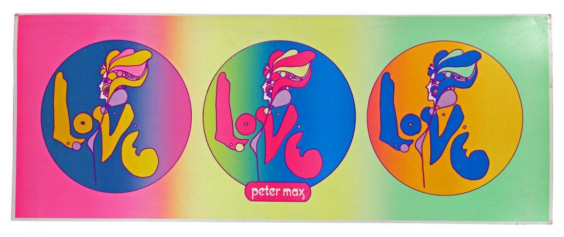 Peter Max ‘Love’ NYC Bus Sign.: Circa 1970s. Used on a NYC bus that was 100% covered with Peter Max art advertising, one of the first ‘1-advertiser’ themed NYC buses; minor corner and edge issues. Condition (C8.5 Excellent Plus)