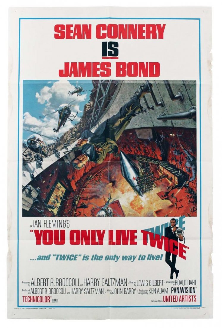 James Bond You Only Live Twice Movie Poster.: “Sean Connery is James Bond in Ian Flemming’s You Only Live Twice" original one sheet movie poster. Circa 1967, it has substantial stains with pieces missing on left and right edges, minor tears a