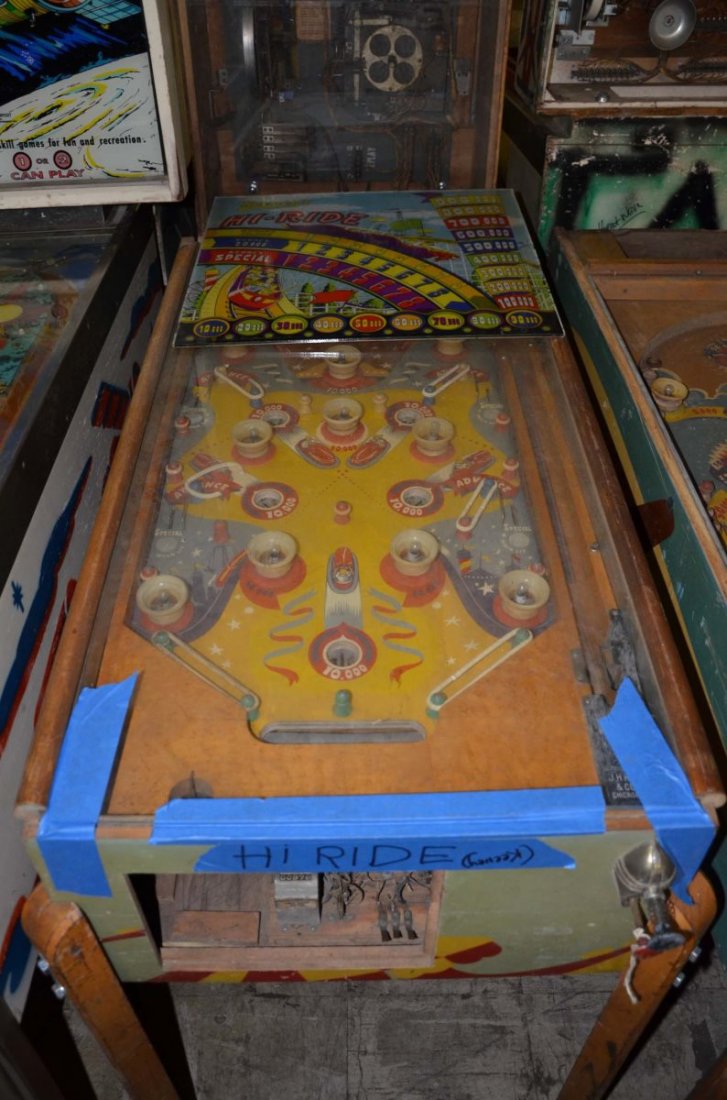 1947 Keeney Hi-Ride.: Playfield: Very good. Backglass: Good. Cabinet: Fair. Functionality: Untested.