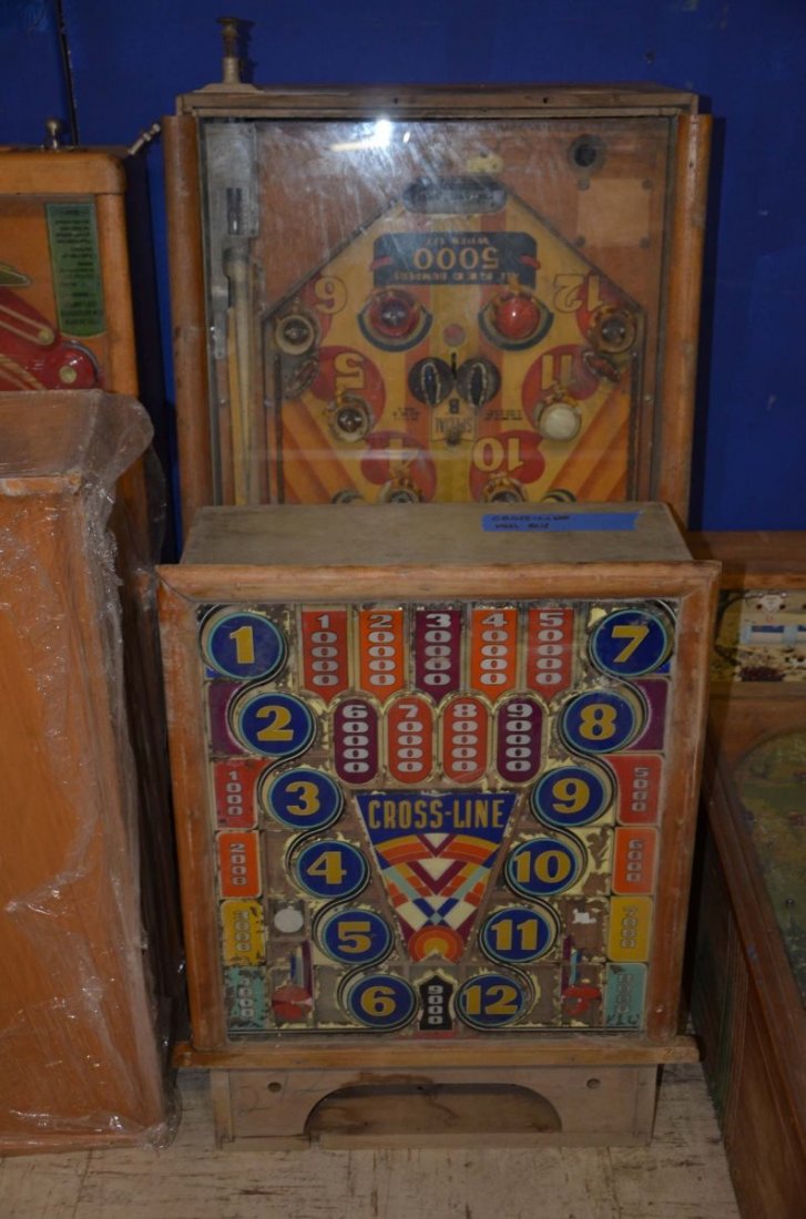 1941 Bally Cross-Line.: Playfield: Fair. Backglass: Poor. Cabinet: Fair. Functionality: Untested.