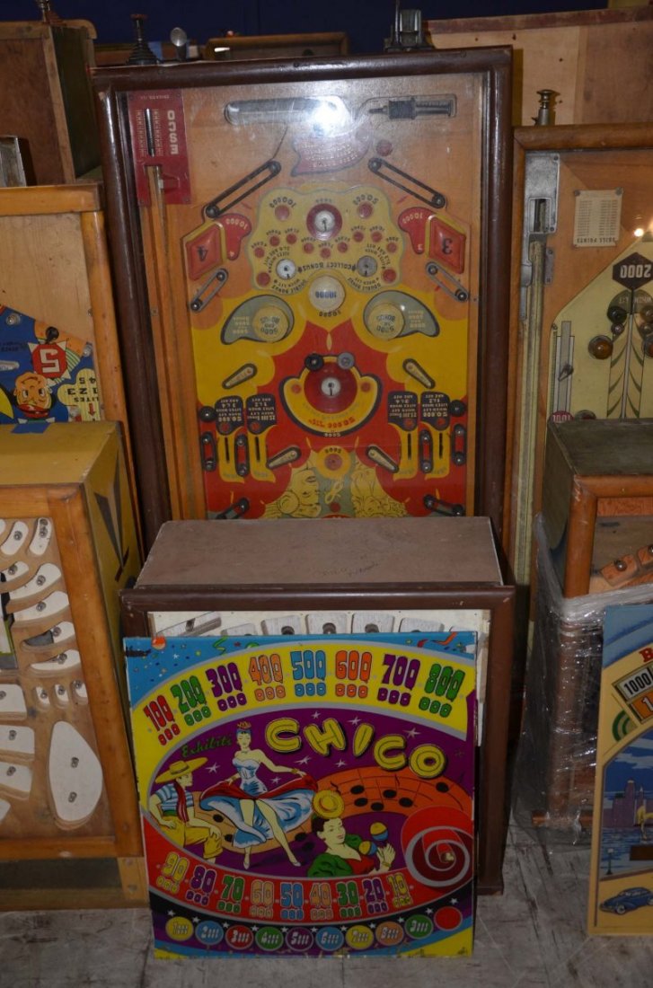 1948 Exhibit Chico.: Playfield: Good. Backglass: Fair. Cabinet: Poor. Functionality: Untested.