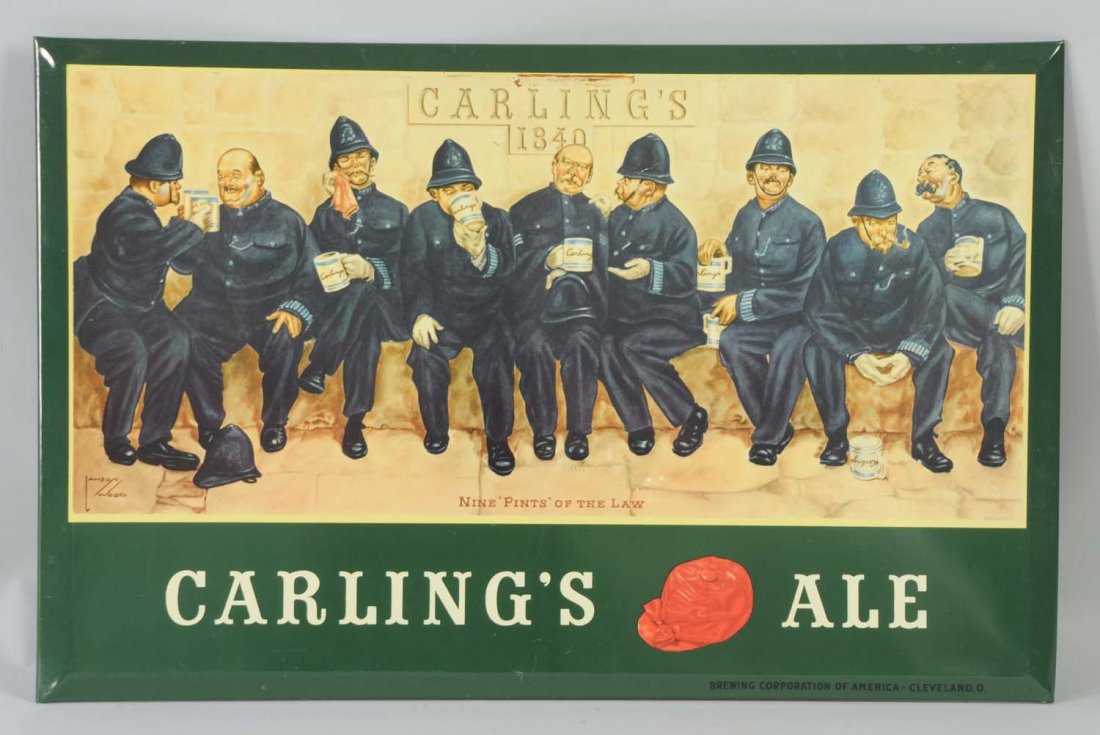 Carling's Ale Tin Over Cardboard Sign.: This Carling's Ale Sign has little or no wear. The image is illustrated by Lawson Wood. Condition (Excellent). Size 19" x 12" .