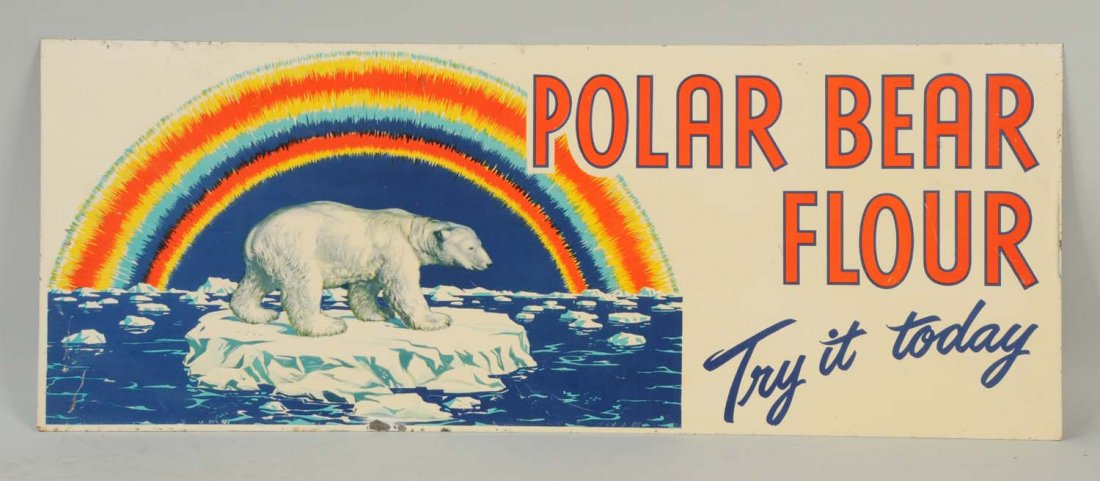 Polar Bear Flour Tin Sign.: This sign has only very minor edge wear with one larger area along the bottom edge. A great and colorful image of a polar bear on an ice flow. Condition (Very Good Plus). Size 35" L.