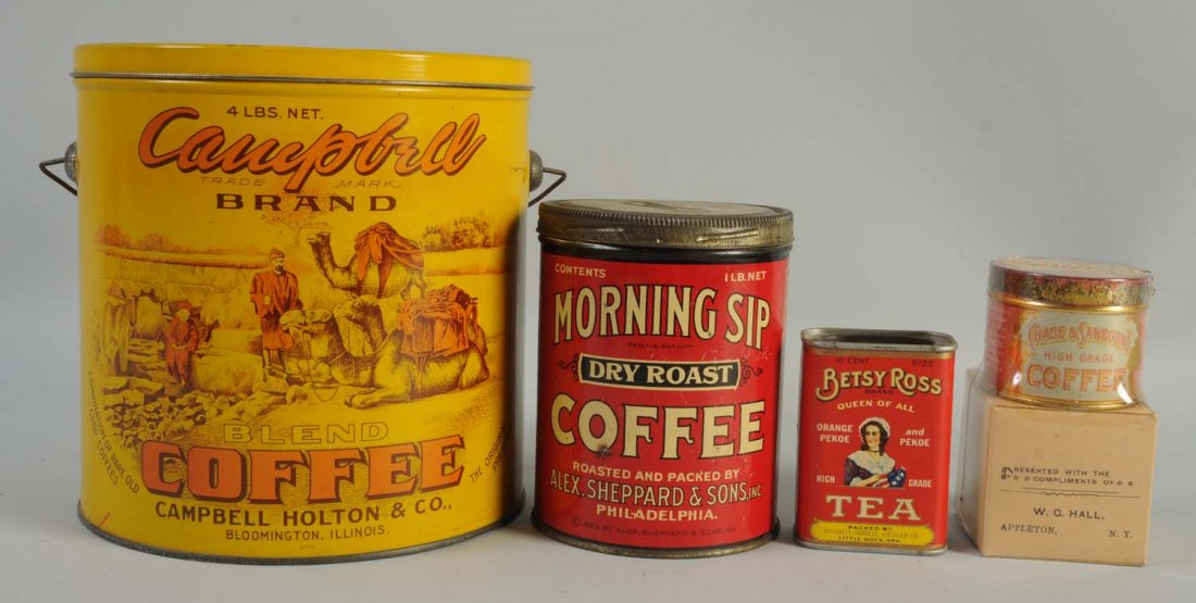 Lot of 4: Product Tins.: This lot includes a Campbell coffee tin, a Morning Sip coffee tin, a Betsy Ross tea tin, and a Chase and Sanborn coffee tin with an outer box. Condition (Excellent). Size Largest: 8 - 1/4" T.