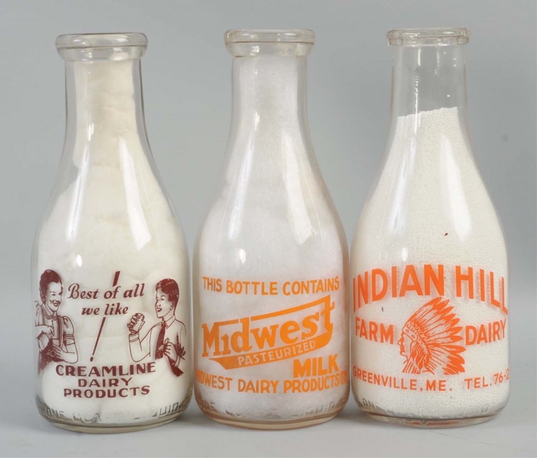 Lot of 3: Milk Bottles.: These three bottles are very clean and bright. Nice imgaes. Condition (Excellent). Size Each: 10" T.