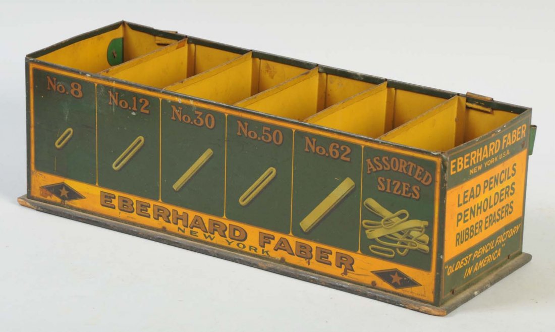 Mongol Pencil Tin Countertop Display.: This Mongol pencil display has typical overall wear and minor fading. Missing lid. Condition (Very Good). Size 15 - 1/4" L.