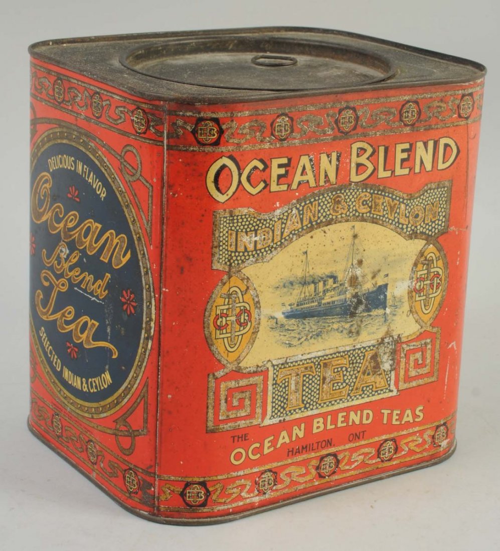 Ocean Blend Tea Tin.: Descent displayable condition with general overall wear. Condition (Excellent). Size 8 - 1/4" T.