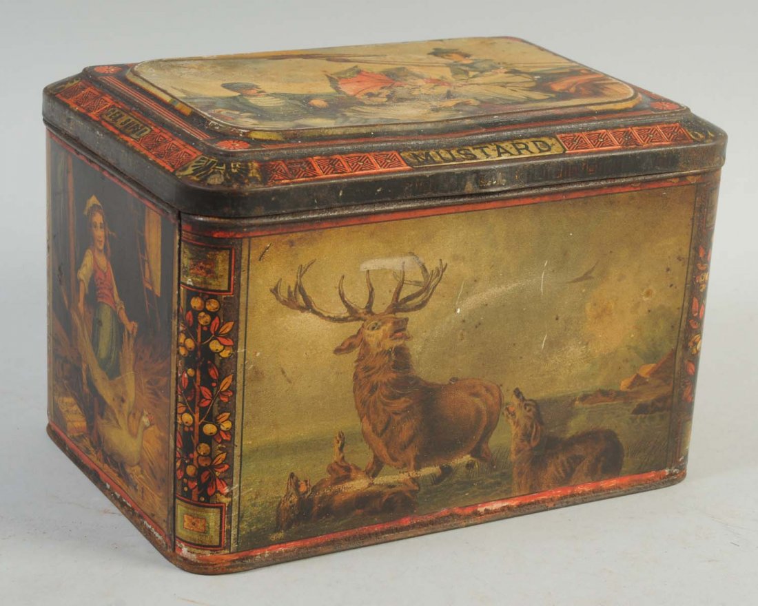Vintage Coleman's Mustard Tin.: Rare piece with various images of wild animals, nature and farm animals. Unusual piece. Modest amounts of overall wear. Condition (Very Good - Excellent). Size 8 -1/2" L.