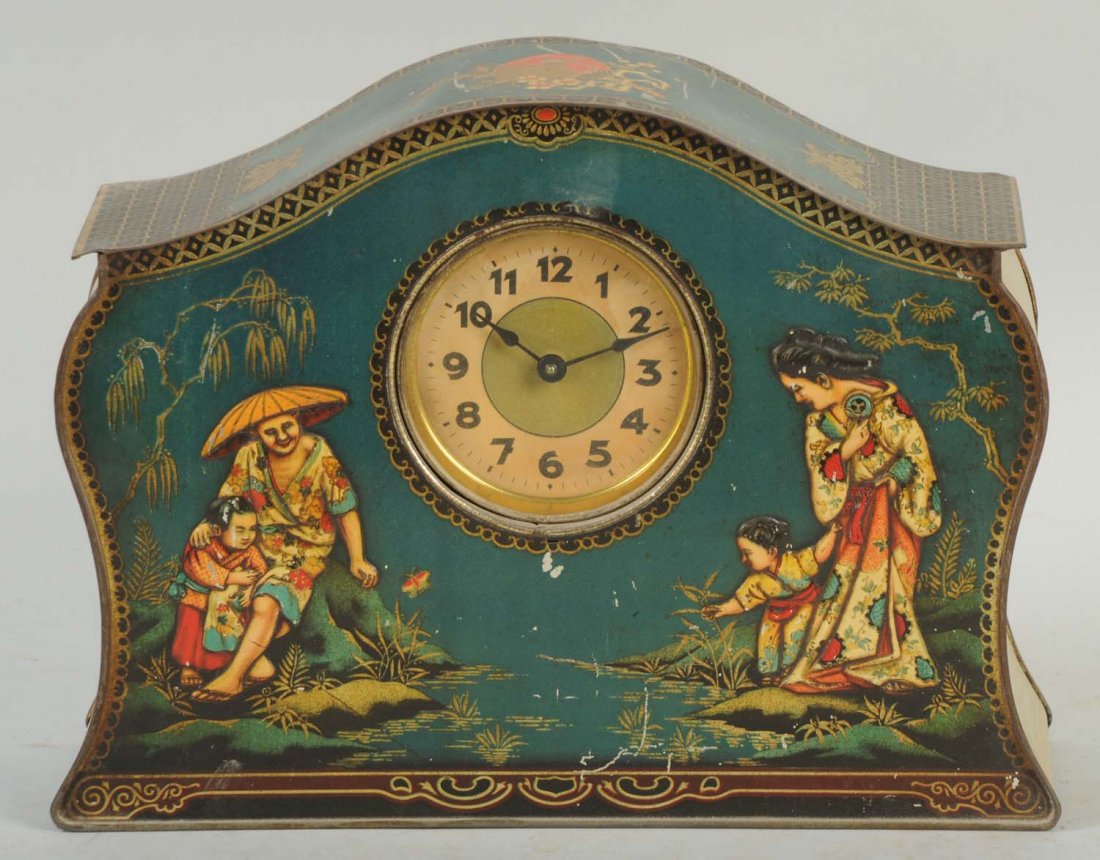 Tin Mantle Clock.: Advertising on the back for Victory V. Unusual piece. Made of tin with embossed images. Light overall wear. Clock does not appear to work. Condition (Excellent). Size 12 -1/2" L.
