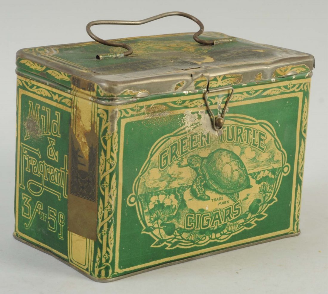 Green Turtle Cigars Lunch Pail.: Good display piece with average overall wear. Some age toning. Condition (Very Good). Size 7 - 1/4" L.