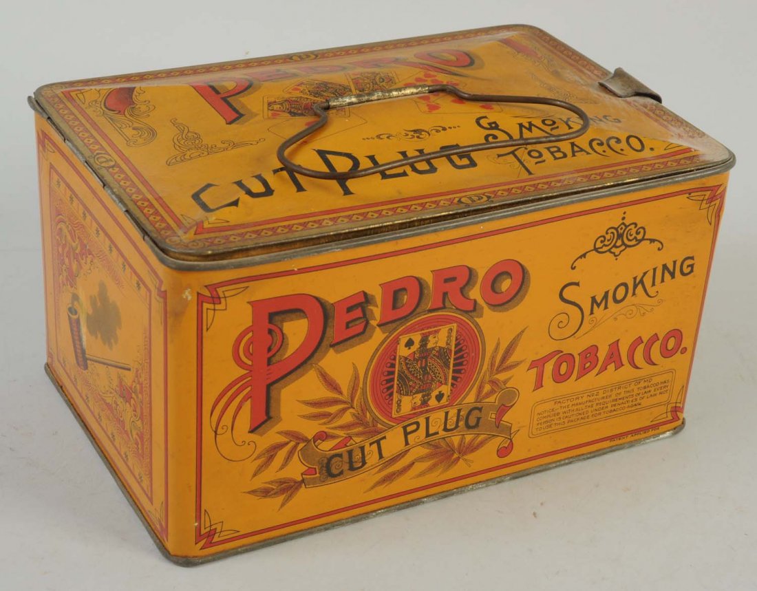 Pedro Tobacco Lunch Box.: Nice piece with good overall color. Some light soiling to the lid. Condition (Excellent). Size 7 - 3/4" T.