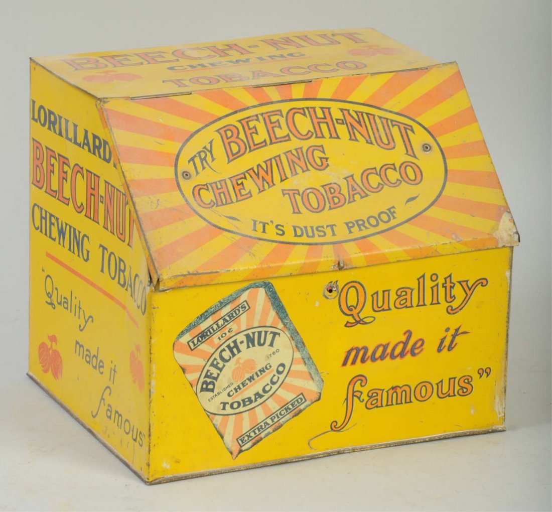 Beech Nut Chewing Tobacco Counter Bin.: Descent overall condition with good color. Minimal amount of wear with scattered surface scratches, nicks and surface dents. Condition (Very Good - Excellent). Size 9" L.