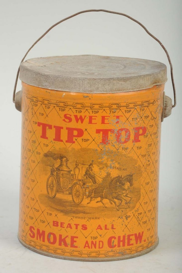 Sweet Tip Top Tobacco Pail.: Offers a great image of a turn of the century fire engine being pulled by horses on both sides. Scattered nicks and scrapes. Light pitting to the lid.