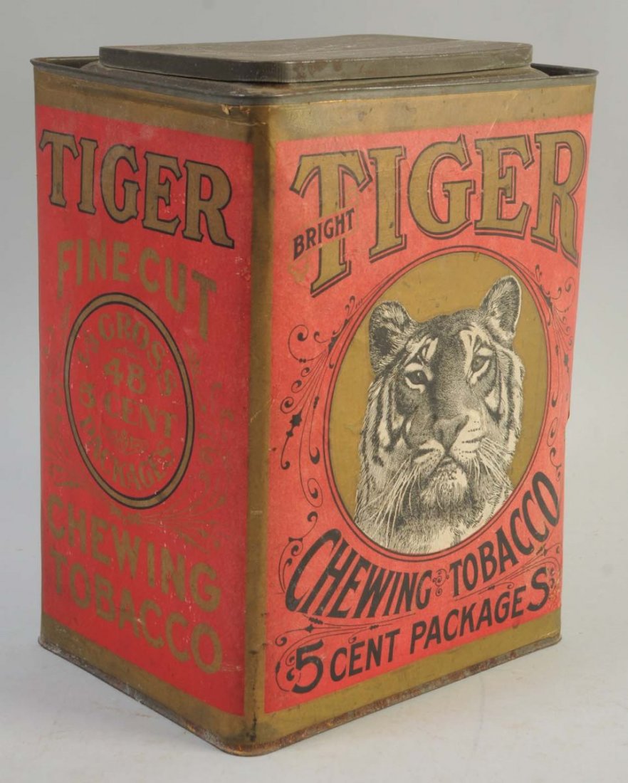 Tiger Cardboard Store Bin.: Includes a tin top and bottom. Super overall condition with minimal amounts of wear. Condition (Near Mint). Size 11" L.