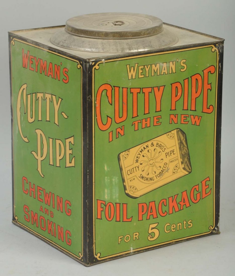 Weyman's Cutty Pipe Store Bin.: Nice displayable piece with nice detail and color. Light wear. Four inch crease in the lower left corner, but does not affect the displaying quality of the piece