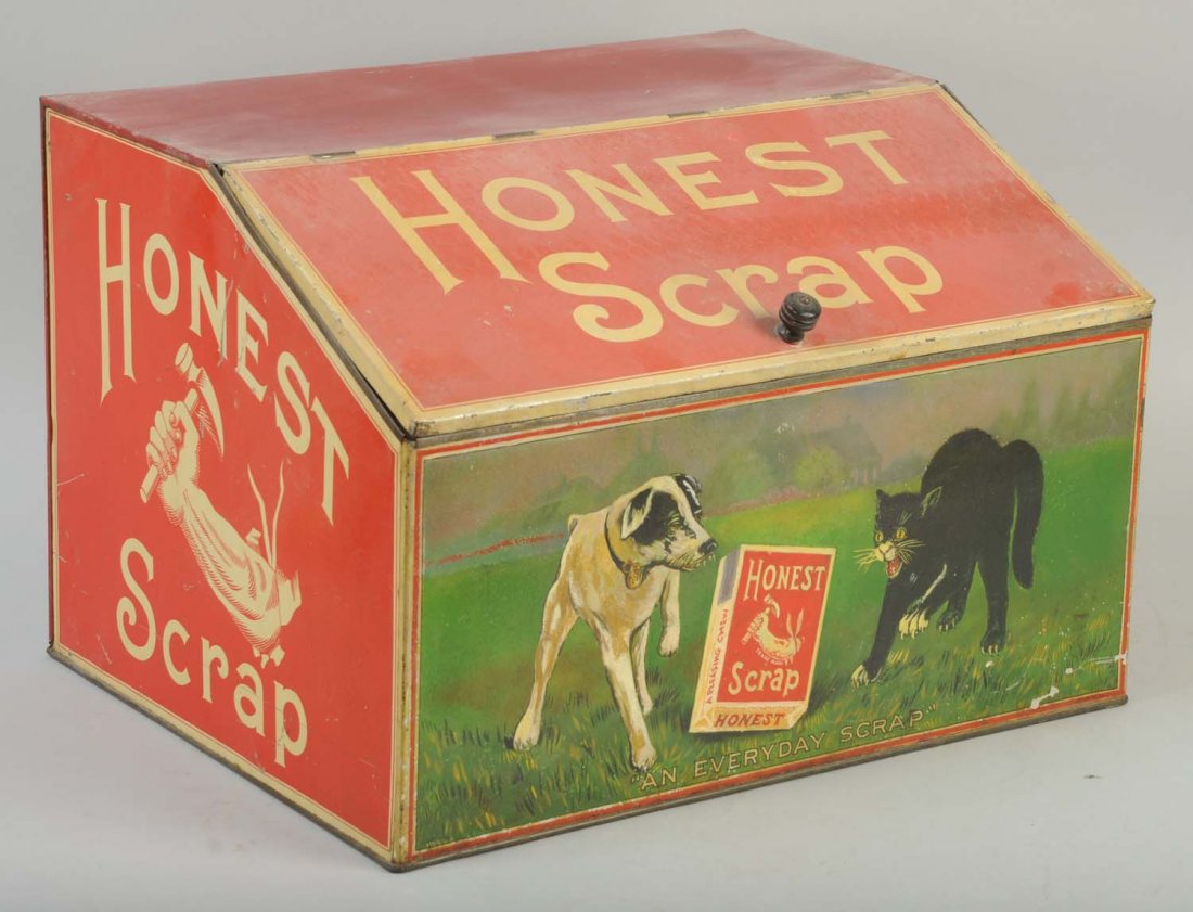 Honest Scrap Store Bin.: Very desirable piece with nice vivid colors. Stands out with solid detail. Front has been restored. Condition (Excellent). Size 18" L.
