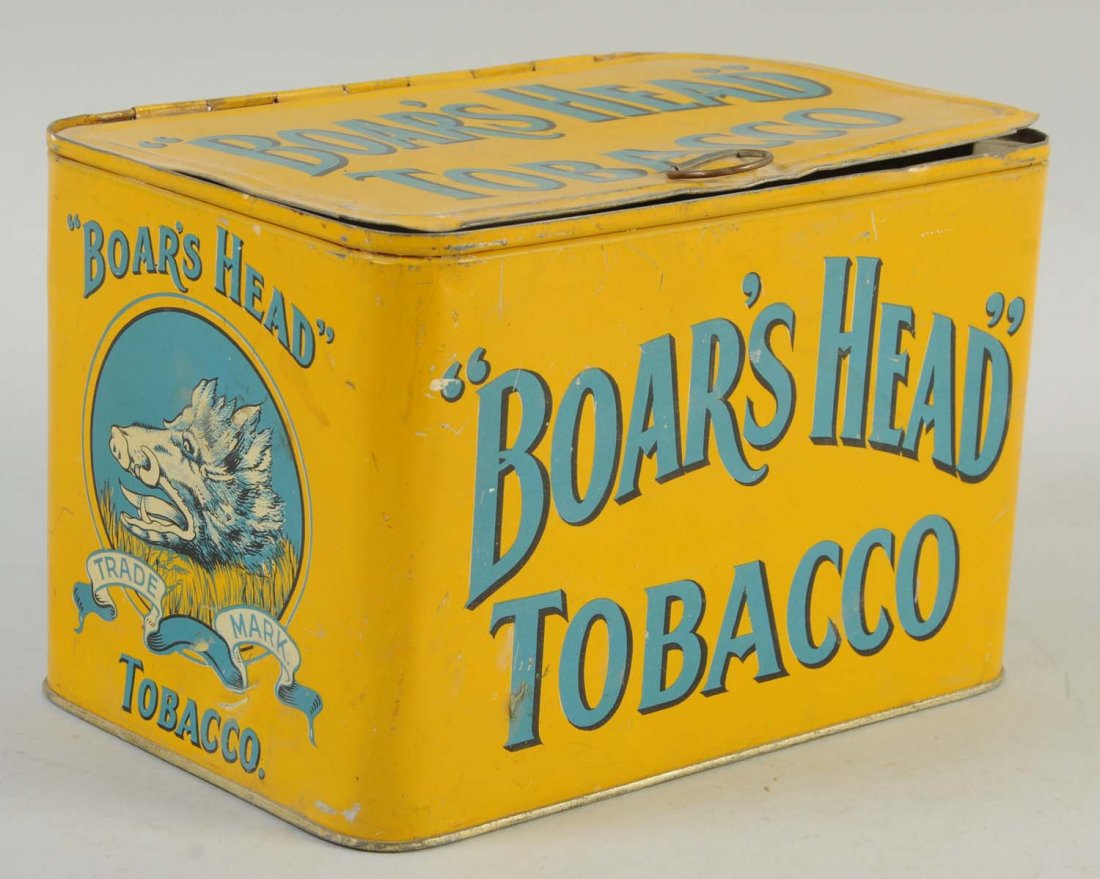 Boar's Head Tobacco Canister.: Nice looking tin with sharp color contrast. Image of a while boar on both ends. Few light scrapes and surface indentations, especially in the back. Does not affect the displaying quality of the