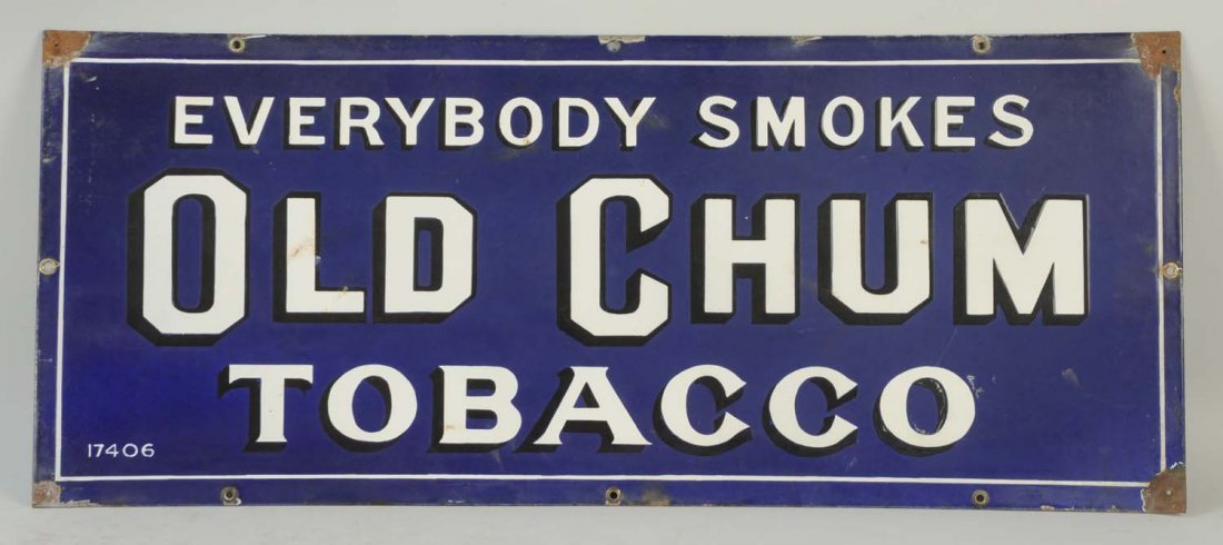 Old Chum Tobacco Porcelain Sign.: The sign is a vintage piece with an excellent overall appearance. There are chips to the corners, edge, and some holes, but it still displays nicely.