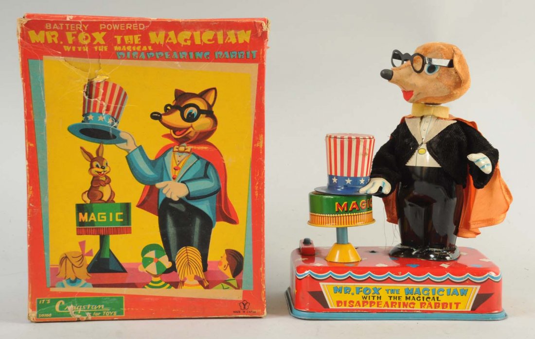 Cragstan Mr. Fox the Magician Toy.: Includes box. Manufactured in Japan. Toy has very minor scratches to the base of the toy, and a small section of oxidation to the magician's tin hat. Otherwise colors are very bright. Battery
