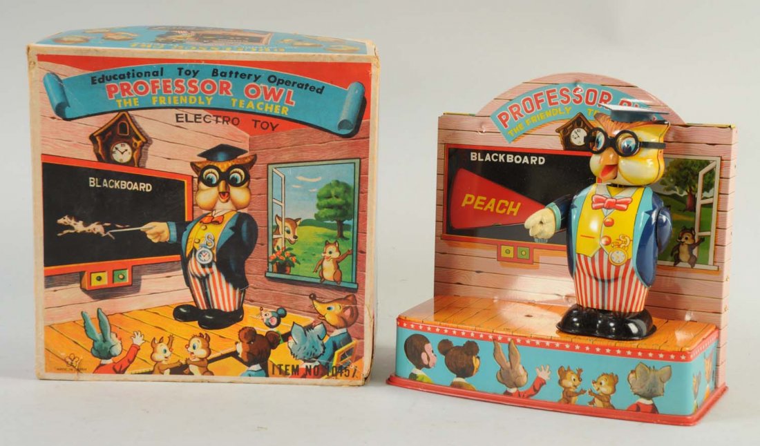 Japanese Tin Battery Operated Professor Owl Toy.: Includes box and an additional disc. Toy has no visible scratches or dents throughout. Litho colors are very stunning and beautiful. Battery compartment is very clean with no oxidation. Box